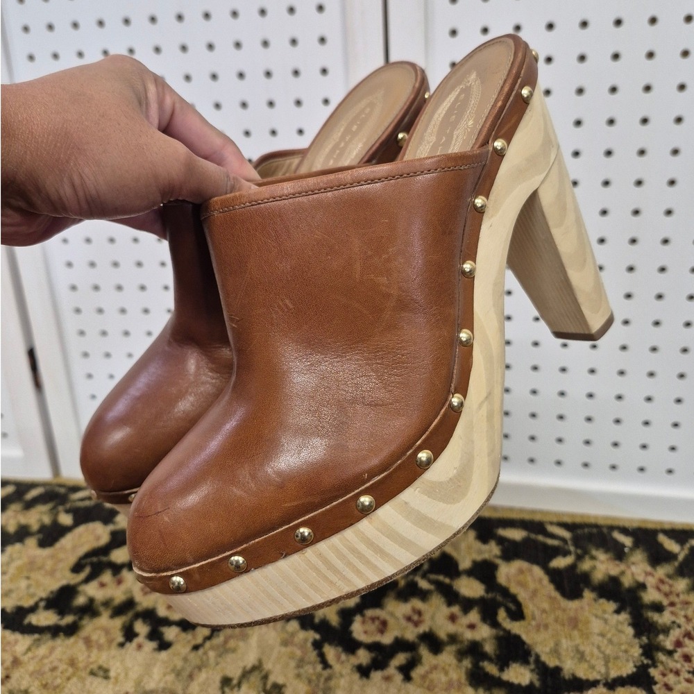 Elie Tahari Brown Leather Studded Wooden Platform Clog Mules Size 40 US 9/9.5